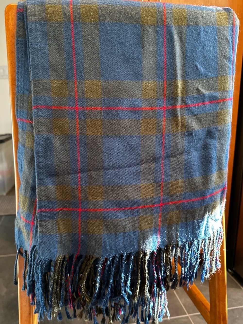 Lands' End Blue Plaid Throw with Olive and Pink Accents